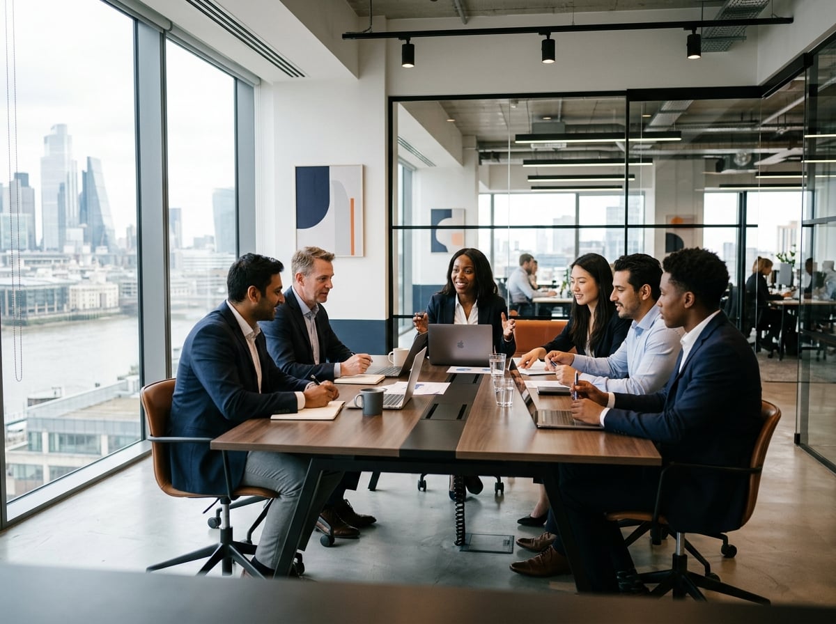 The Apex Co. leadership team collaborating in a modern office