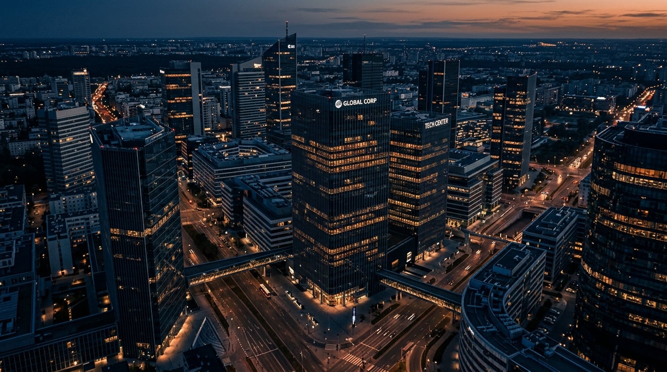 Modern corporate skyline at dusk representing the Apex Co. network